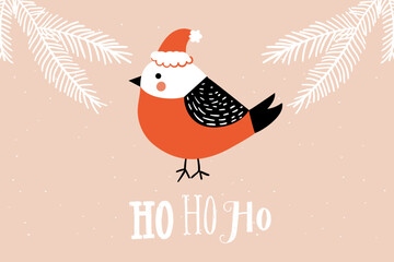 Christmas card with bird in santa hat and text hohoho. Hand drawn cite vector illustration for winter season holidays. - 627822681