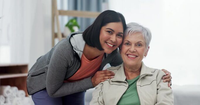 Happy woman, patient and volunteer in elderly care for support, trust or physiotherapy at old age home. Portrait of female nurse, physio or caregiver hug senior person with a disability in retirement