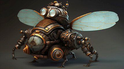 Mechanical steampunk insect bee. Bronze and steel parts. Ai generate.	