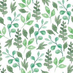 Seamless watercolor floral pattern - green leaves and branches composition on white background, perfect for wrappers, wallpapers, postcards, greeting cards, wedding invitations, romantic events.