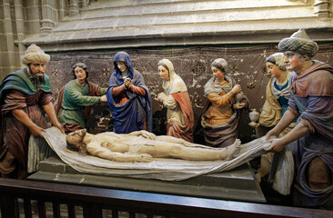 19 C Entombment of Christ tableau in Cathedral of Saint Corentin in the mediaeval city of Quimper,...
