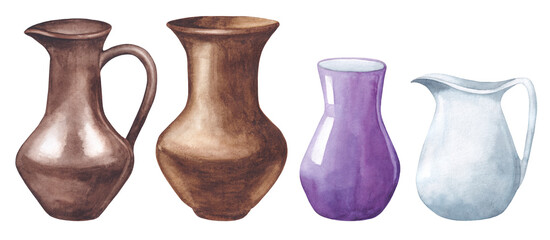 Old ceramic jugs and pots set. Hand drawn watercolor illustration, isolated on white background