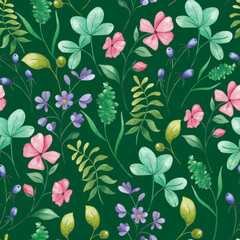 Seamless watercolor floral pattern - composition of green leaves and branches, flowers on a green background, perfect for wrappers, wallpapers, postcards, greeting cards, romantic events.
