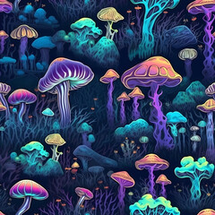 Obraz na płótnie Canvas Seamless illustration with mushrooms, bright psychedelic colors. Purple and blue colors.