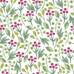 Fototapeta premium Seamless watercolor floral pattern - flowers elements, green leaves branches; for wrappers, wallpapers, postcards, greeting cards, wedding invites, romantic events.