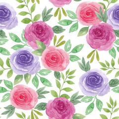 Seamless watercolor floral pattern -  flowers elements, green leaves branches; for wrappers, wallpapers, postcards, greeting cards, wedding invites, romantic events.