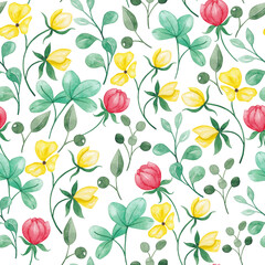 Seamless watercolor floral pattern -  flowers elements, green leaves branches; for wrappers, wallpapers, postcards, greeting cards, wedding invites, romantic events.