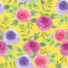 Seamless watercolor floral pattern -  flowers elements, green leaves branches; for wrappers, wallpapers, postcards, greeting cards, wedding invites, romantic events.
