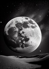 moon, moon and stars, black and white photography, generated by ai
