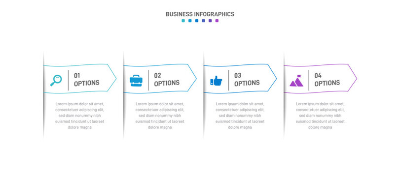 Timeline infographic with infochart. Modern presentation template with 4 spets for business process. Website template on white background for concept modern design. Horizontal layout.