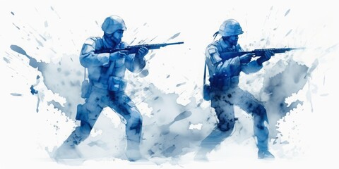 Blue Aquarelle Silhouettes of Soldiers Fighting in Action, Created with the Style of Digital Airbrushing, Depicting the Bravery and Courage on the Battlefield