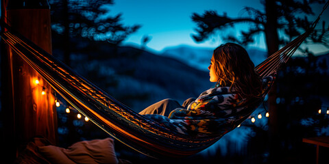 Woman in a hammock looking up at the starry night sky above her head