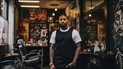 Fototapeta na wymiar Barber shop owner in front of barbershop. happy and proud for his small business