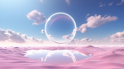 A giant bubble suspended in a surreal pink desert landscape