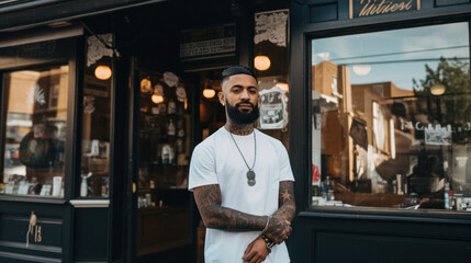 Barber shop owner in front of barbershop. happy and proud for his small business