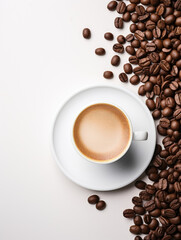 Fototapeta premium cup of a coffee with coffee beans, white background, copy space