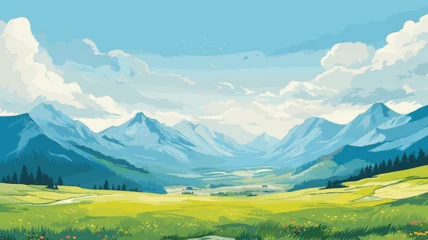 Schilderijen op glas AI generated. Vector illustration. View of an alpine landscape. Simple vector illustration, with meadows and alpine mountains in the background © Dirk