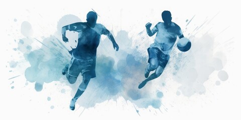 Blue Aquarelle Silhouette of Soccer Players in Action, Crafted with the Style of Digital Airbrushing, Showcasing the Athletic Skill and Sportsmanship on the Field