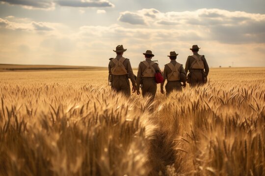 Rear view of a group of farmers walking through a wheat field. A ranger team walking through a wheat field, AI Generated