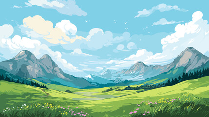 AI generated. Vector illustration. View of an alpine landscape. Simple vector illustration, with meadows and alpine mountains in the background