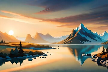 Fototapeta na wymiar Nordic landscape. Oil painting style. AI generated illustration