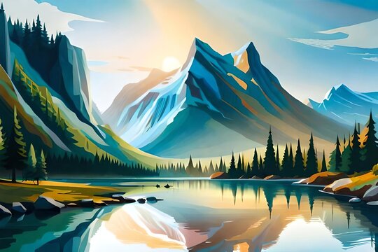 Nordic landscape. Oil painting style. AI generated illustration © vector_master