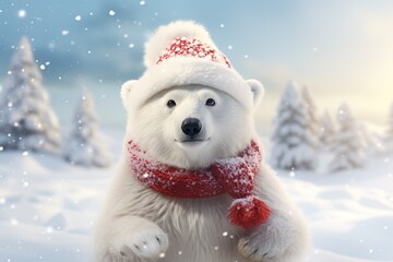 Cute little polar bear dressed as a santa claus on a winter landscape background