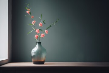 Pink flowers on branches in a vintage glass bottle vase © Margarita Vais 