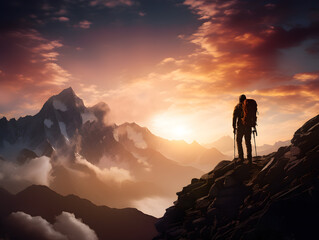 Epic Adventure Travel - Hiker Silhouetted Against Majestic Mountain Sunset