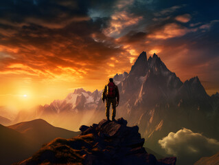 Fototapeta premium Epic Adventure Travel - Hiker Silhouetted Against Majestic Mountain Sunset