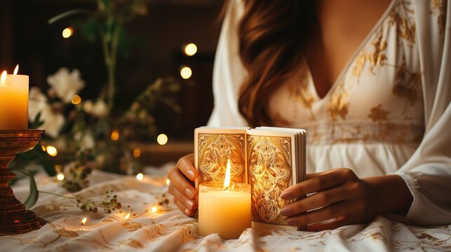 Woman's hand close up takes one card tarot on a table. Generative AI