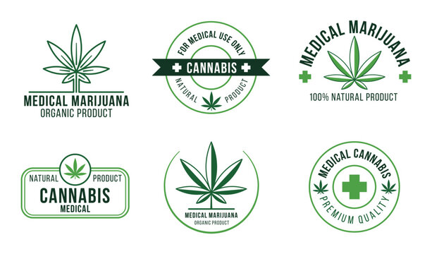 Cannabis label. Medical marijuana therapy, legal hemp plant and drug plants. Natural treatment or organic medical product