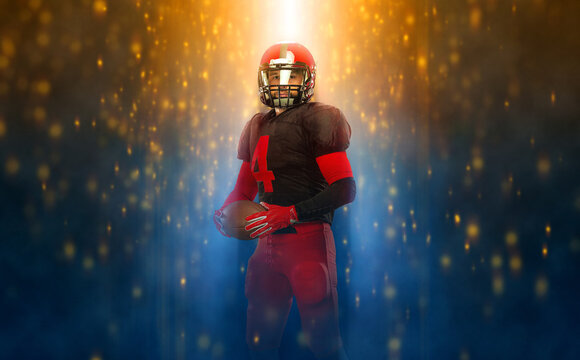 American football player banner. Template for a sports magazine on the theme of American football with copy space. Mockup for betting advertisement.