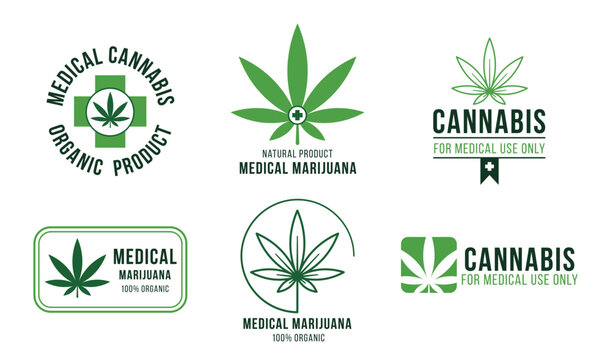 Cannabis label for medical use. Legal marijuana treatment, painkiller medication for illnesses. Organic green leaves