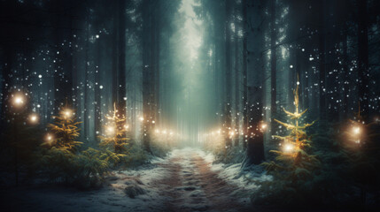 Forest with christmas trees and glowing lights