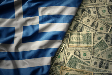 colorful waving national flag of greece on a american dollar money background. finance concept
