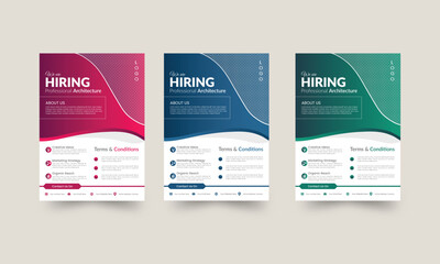 Creative corporate flyer layout. Curvy colorful concepts. Trendy multipurpose A4 size  brochure template design set of 3 gradient colors, editable. Space for background image, service & contact icons.