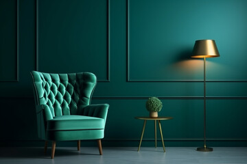 Beautiful luxury classic blue green clean interior room in classic style with green soft armchair. Vintage antique blue-green chair standing beside emerald wall. Minimalist home design. High quality