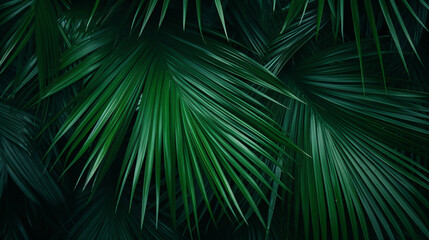 Fototapeta premium beautiful palm leaves in a wild tropical palm garden, dark green palm leaf texture concept full framed
