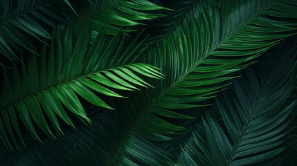 beautiful palm leaves in a wild tropical palm garden, dark green palm leaf texture concept full framed