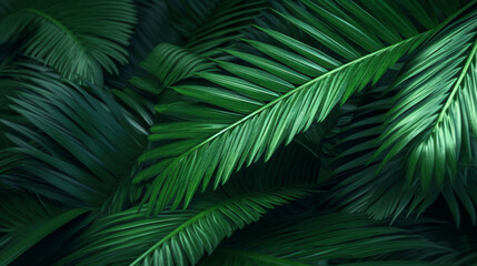 beautiful palm leaves in a wild tropical palm garden, dark green palm leaf texture concept full framed