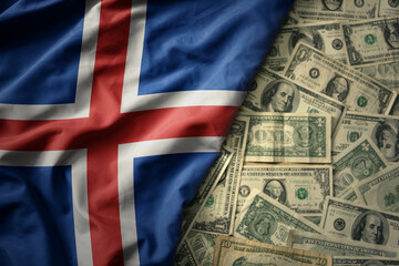 colorful waving national flag of iceland on a american dollar money background. finance concept