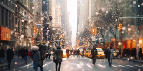 Fototapeta na wymiar White modern blurred Christmas NY city street. Generative AI