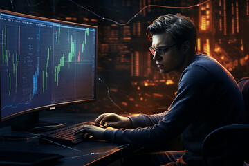 Illustrate a hyperrealistic image of a male trader using advanced algorithms and AI tools to enhance his chart analysis Generative AI
