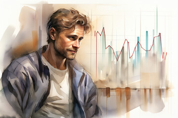 Create a watercolor painting of a male trader observing the moving averages on the price chart with a thoughtful expression Generative AI