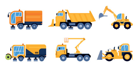 City street cleaning equipment. Modern street sweeper truck, industrial vehicle for road service. Urban machinery, snowplough