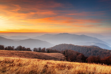 Fototapeta na wymiar Autumn mountains with orange forest during sunset. Landscape photography