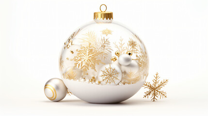 Festive white and gold Christmas ornaments and baubles. Empty glass snow ball isolated on white background.