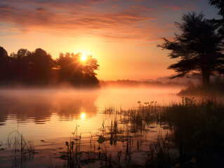 Fototapeta na wymiar Stunning Sunrise Over a Serene, Misty Lake - Perfect for Inspirational or Relaxation Themes