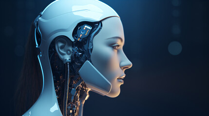 Female face robot android. Neuro interface. Link to the world of Artifical intelligence. Generative AI visual concept.
